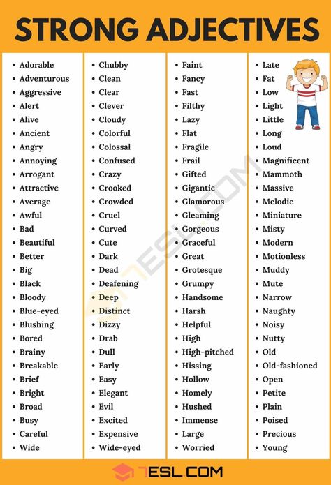 Strong Adjectives Strong Adjectives List, Strong Adjectives, Unique Adjectives, Adjectives Esl, Adjectives In English, List Of Adjectives, Adjective Words, English Corner, English Adjectives