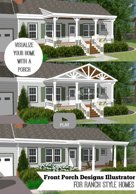 Watch our front porch designs illustrator add different types of porches to a ranch home and visualize your home with a porch! Pitched Front Porch, Front Entrance Addition Entryway, Covered Pergola Front Porch, Front Porch Addition To Ranch Style Home, Portico Porch Ideas, Front Porch Addition On Ranch House Before And After, Covered Porch Addition Front Entry, Shed Roof Porch Covered Patios, Off Centered Front Door Porch