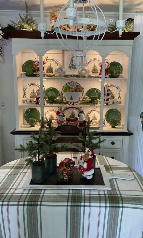 Christmas China Cabinet Decor, Christmas China Cabinet, How To Decorate A Buffet, Decorating A Buffet, Christmas Shelves, China Cabinet Decor, China Hutch Decor, Holiday China, Western Bedroom Decor