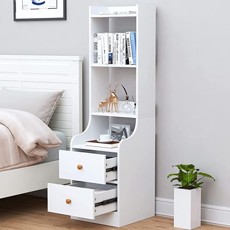 Bedside Bookshelf, Tall Bedside Table, Tiered Display Shelves, Shelf Bedside Table, Tall Nightstands, Bed In Corner, Small Bookshelf, Living Room Corner, White Nightstand