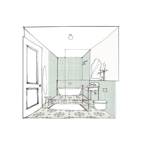 Bathroom sketch study from our Gramercy Park townhouse project. ⠀⠀⠀⠀⠀⠀⠀⠀⠀ ⠀⠀⠀⠀⠀⠀⠀⠀⠀ #elizbethrobertsarchitects | Instagram Bathroom Sketch, Elizabeth Roberts, Sketch Study, Instagram Bathroom, Gramercy Park, Interior Design Sketches, Design Sketch, Architecture Drawing, Architects