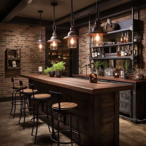 Industrial Basement Bar, Rustic Basement Ideas, Rustic Basement Bar, Industrial Basement, Basement Bar Plans, Basement Bar Design, Garage Mudroom, Bourbon Room, Rustic Basement