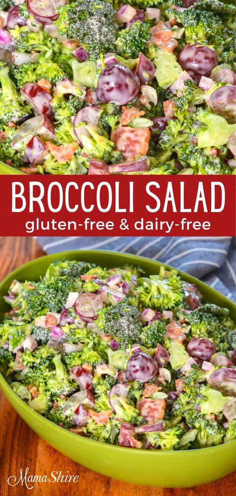 You'll love this easy to make broccoli salad with grapes. With red onions and bacon added this salad is bursting with flavor. Healthy and delicious! Gluten-free and dairy-free. #broccolisalad #broccolisaladwithgrapes #broccoliwithbacon #glutenfreedairyfree Broccoli Salad With Grapes, Creamy Broccoli Salad Recipe, Dairy Free Thanksgiving, Creamy Broccoli Salad, Salad Recipes Gluten Free, Salad With Grapes, Healthy Broccoli Salad, Dairy Free Salads, Salad Jar Recipe