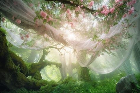 Green Ethereal Aesthetic, Flowers In The Forest, Flower Forest, Enchanted Forest Theme, Enchanted Tree, Natural Aesthetics, Fairy Paintings, Infp Personality, Pink Forest