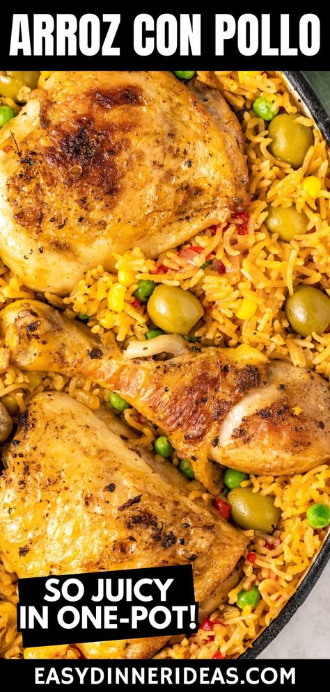 Arroz con Pollo, or Spanish chicken and rice, is a classic Latin American one-pot dinner that's full of flavor, texture, and color. Juicy chicken and yellow rice are simmered until tender with an abundance of fresh veggies. It's a perfect dish to introduce your family to new flavors and cuisine! Panamanian Chicken And Rice, Chicken And Yellow Rice Oven, Dominican Chicken And Rice, Yellow Rice Recipe Spanish, Baked Chicken And Yellow Rice Recipe, Chicken With Rice Recipes, Cuban Chicken And Rice, Chicken With Yellow Rice, Cuban Arroz Con Pollo