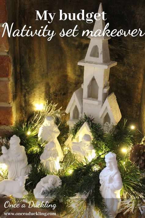 Tabletop Nativity Scene Display Ideas, Nativity Set Display Ideas Indoor, Indoor Nativity Display Ideas, Nativity Diy Ideas, White Nativity Scene Display, Nativity Set Display Ideas Table, Nativity Display Ideas, Nativity Centerpiece Table Decorations, How To Display Nativity Sets