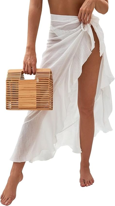 OYOANGLE Women's Mesh Sheer Swimsuit Cover Up Ruffle Tie Side Beach Sarong Wrap Long Skirt Beach Wrap Skirt, Cute Beach Outfits, Sheer Swimsuit, White Long Skirt, Sarong Wrap, Skirt Coverup, Beach Sarong, Coverup Skirt, Ruffle Swimsuit