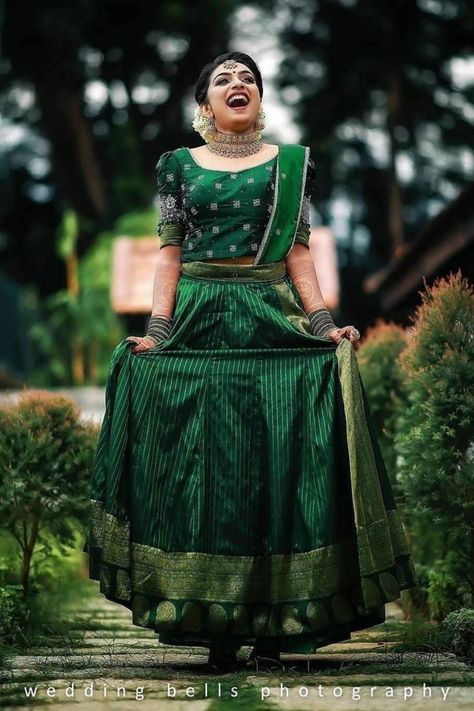 If you are looking for more such bridal lehengas in the hues of Green, head to our blog for more Ideas. Click on the link attached below.  #indianwedding #shaadisaga #intimatewedding #bridallehenga #bridalfashion #greenlehenga #pastelgreenlehenga #embroideredlehenga #weddinglehenga #indianweddingtrends Kerala Engagement Lehenga, Kerala Dress, Kerala Engagement Dress, South Indian Wedding Saree, South Indian Bride Saree, Engagement Lehenga, Lehenga Saree Design, Half Saree Lehenga, Indian Outfits Lehenga