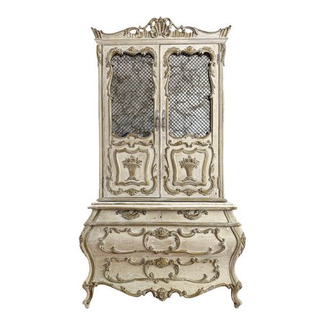 Head turning capacious mid century French Rococo Style 2 piece Armoire with stunning eglomise mirrors.   Painted in layers of authentic gesso, French milk paints, traditional renaissance style gold accents with delightful patina. The base is marbleized Venetian plaster.  This large maple piece features perfect open and close 4 lower drawers and flanked with gorgeous carved detail.  The upper cabinet has 3 drawers and two open shelves.  This would make a stunning piece for a master bedroom, pleas French Rococo Furniture, Mirrors Painted, French Country Armoire, Rococo Armchair, Neoclassical Furniture, French Painted Furniture, Mid Century French, Rococo Furniture, Upper Cabinet