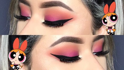 Powerpuff Makeup, Blossom Powerpuff Girl, Power Puff Costume, Powerpuff Girls Makeup, Powerpuff Girls Halloween Costume, Eye Makeup Purple, Blossom Costumes, Blossom Powerpuff, Girl Eye Makeup