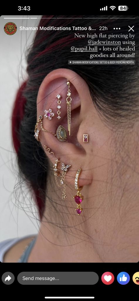 Colorful Ear Stack, Ear Curation Gold, Ear Curation Ideas, Ear Mapping, Piercing Curation, Ear Curation, Piercing Inspo, Earring Stack, Cool Ear Piercings