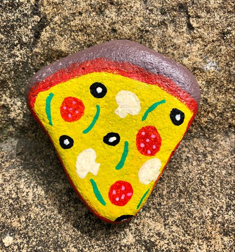 Pizza slice rock painting Rock Painting Ideas Cute, Aesthetic Painted Rocks, Pizza Rock Painting, Pizza Painting Easy, Rock Painting Pizza Slice, Rock Painting For Kids, Pizza Painted Rock, Aesthetic Rock Painting Ideas, Stone Painting Aesthetic