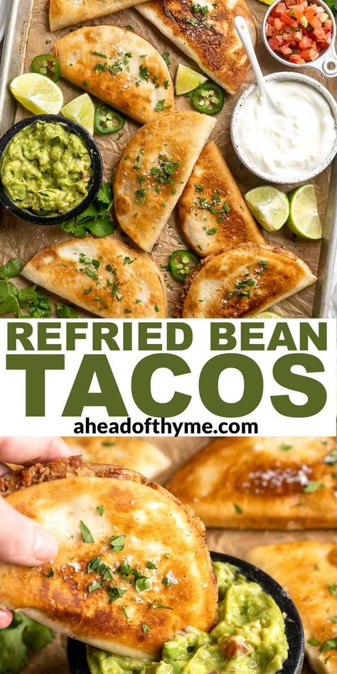 These Crispy Refried Bean Tacos made with crispy, golden-brown tortillas, perfectly seasoned refried beans, and a handful of your favorite garnishes will have you hooked! Made from scratch in less time than it takes to order takeout, you’ll want to make these again and again. All of the ingredients for these refried bean tacos are common pantry staples you probably already have on hand. | aheadofthyme.com #crispytacos #beantacos via @aheadofthyme Fried Bean Tacos, Refried Beans Tacos, Crispy Bean Tacos, Pinto Bean Tacos, What To Make With Refried Beans, Recipes Using Refried Beans, Bean Tacos Recipes, Refried Beans Recipe Canned, Leftover Refried Beans