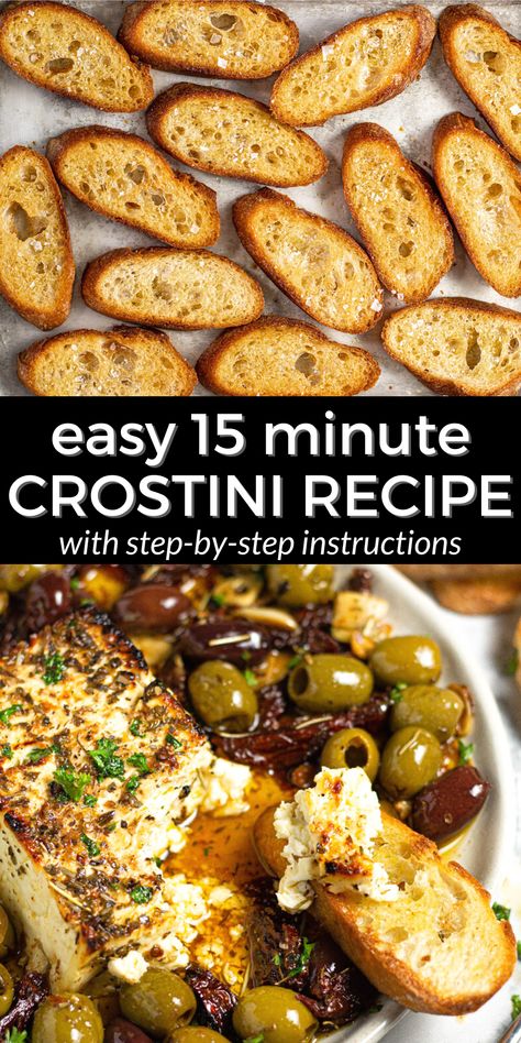 This quick and easy crostini recipe requires just 3 ingredients - baguette, olive oil, and salt - and takes about 15 minutes from start to finish. Making crostini at home is easier than you might think. And freshly made crostini tastes SO much better than the version you'll find at the grocery store! Homemade Crostini, Wisconsin Beer Cheese Soup, Crostini Bar, Easy Crostini, Baguette Appetizer, Crostini Toppings, Crostini Recipe, Crostini Appetizers, Italian Diet