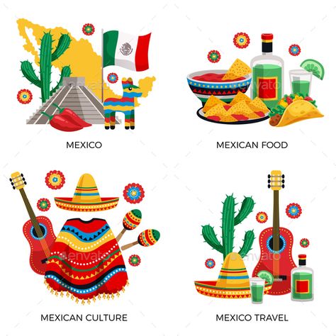 Mexico Culture Concept Mexican culture traditions food 4 colorful icons concept with cactus guitar ponc #Mexico, #Culture, #Concept Mexico Art Culture, Mexican Culture Food, Mexico Icon, Mexico Culture Art, Mexico Drawing, Taco Logo, Mexican Icons, Cactus Mexico, Colorful Icons