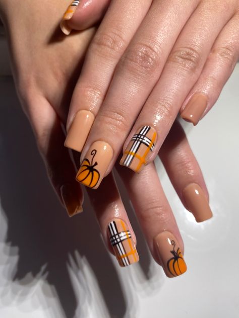 Cute Pumpkin Acrylic Nails, Poly Gel Nails Design Fall, Autumn Nails With Pumpkins, Fall Nail Designs Autumn French Tip, Fall Plaid And Pumpkin Nails, Square Pumpkin Nails, Simplistic Nail Ideas, Fall Nails Apples, Cute Fall Nail Designs Acrylics