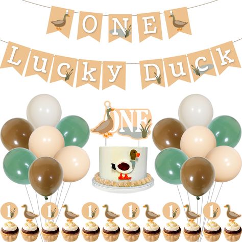 PRICES MAY VARY. Duck Party Pack: This 43 piece set includes everything needed like 1*one lucky duck banner(14pcs), 16*latex balloons(12inch), 12*cupcake toppers(12inch), 1*one cake topper(3.7inch) and some assembly tools. Cute Duck Design: Featuring adorable mallard duck print, the supplies are sure to put smiles on little faces celebrating their very first birthday. Great for capturing photo memories of their first birthday. Quality Materials: Made of durable paper, and latex, the decorations Duck 1st Birthday Boy, Duck Birthday Decorations, Lucky Duck Birthday Party, 1st Birthday Themes Boy, Camping First Birthday Party, One Lucky Duck Birthday Party, Duck 1st Birthday, Lucky Duck Birthday, Deer Birthday Party