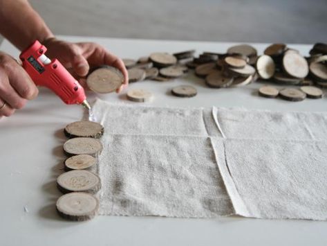 How to Make a Wood Slice Table Runner | DanMade: Watch Dan Faires Make Reclaimed Wood Furniture | HGTV Paper Mache Pendant Light, Yarn Lampshade, Wood Slice Table, Diy Coaster, Birch Craft, Wood Placemats, Dye Yarn, Tie Dye Crafts, Hunting Decor