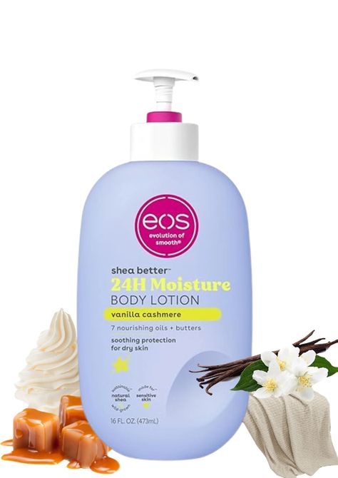 EOS Vanilla Body Lotion is a rich, hydrating lotion that nourishes and moisturizes the skin with natural ingredients like shea butter, avocado oil, and aloe. Its creamy texture absorbs quickly without leaving a greasy residue, and the warm vanilla scent lingers softly. The sleek, soft-touch bottle makes it easy to apply and perfect for daily use. Eos Vanilla, Cashmere Scent, Eos Lotion, Vanilla Body Lotion, Vanilla Scents, Vanilla Cashmere, Eos Products, Better Body, Vanilla Scent