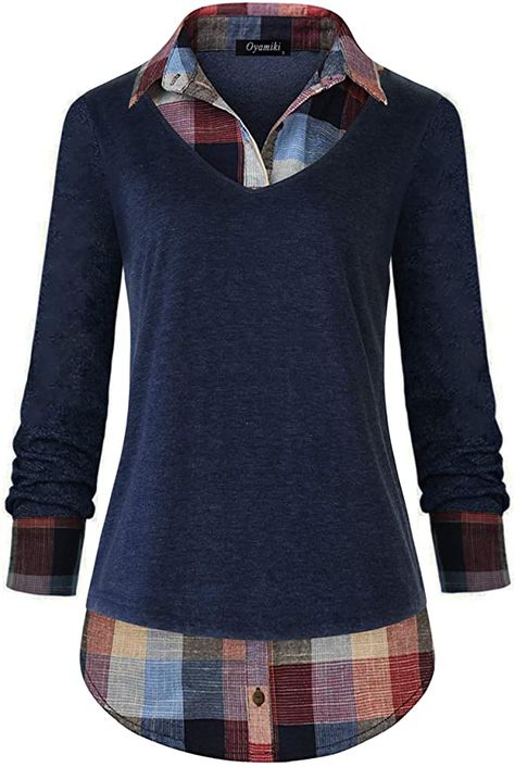 Oyamiki Womens Sweatshirts Pullover Fall Plaid Long Sleeve Patchwork Tunic Tops Blue/S at Amazon Women’s Clothing store Fashion Buyer, Fitted Blouses, Clothing Retail, Teacher Outfits, Personalized Clothes, Style Shirt, Shirt Collar, Long Sleeve Casual, Classic Shirt