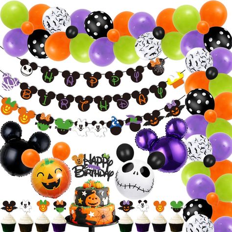 Disney Halloween Party Decorations, Mickey Happy Birthday, Birthday Banner Cake Topper, Halloween Theme Birthday, Halloween Birthday Party Decorations, Disney Halloween Decorations, Disney Halloween Parties, Halloween First Birthday, Halloween Birthday Party Invitations