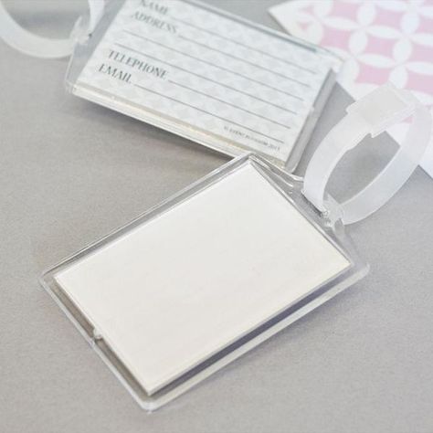 Whether you're whisking loved ones away to your destination wedding or instilling wanderlust in your party guests, these DIY Blank Acrylic Luggage Tags can be completely customized to complement your special event. Embellish them with your favorite decorative accessories for an exciting party favor that is just as unique as you are! Each Acrylic Tag includes a contact information card that you can use or replace with your own creation. Size: 3.75" x 2.75" THIS ITEM IS NON-PERSONALIZED. NOTE: Ema Acrylic Luggage Tags, Baby Bottle Favors, Luggage Tags Diy, Diy Destination Wedding, Luggage Tags Wedding, Dance Coach, Diy Luggage, Travel Luggage Tag, Favors Diy