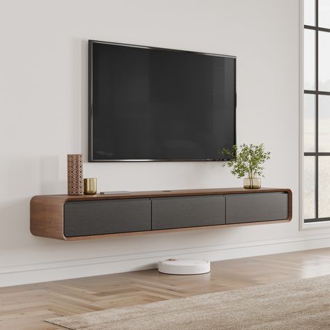 Simple Interior Living Room, Tv Units Simple, Floating Shelf Below Wall Mounted Tv, Tv Unit Design Bedroom Simple, Tv Units In Living Room Simple, Modern Under Tv Cabinet, Modern Tv Table Design, Tv Unit Design Modern Minimalist, Living Room Tv Table Ideas