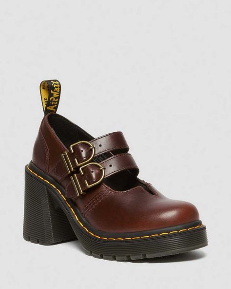 EVIEE LEATHER FLARED HEEL MARY JANE SHOES in Dark Brown | Dr. Martens Chunky Brown Heels, Eviee Leather Mary Jane Heeled Shoes, Doc Martin Heels, Doc Martin Mary Janes, Fairy Core Shoes, Heeled Doc Martens, Whimsigoth Shoes, Dr Martens Heels, Cool Shoes Women