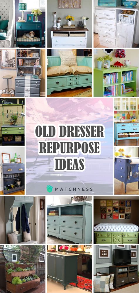 Repurpose A Dresser Diy Ideas, Repurposing Old Dressers, Ideas For Old Dressers Diy Projects, Recycle Dresser Ideas, Repurpose Dresser To Tv Stand, Repurpose Bedroom Furniture, Diy Upcycle Dresser Ideas, Vintage Dresser Repurpose, Old Dresser Makeover Diy Ideas