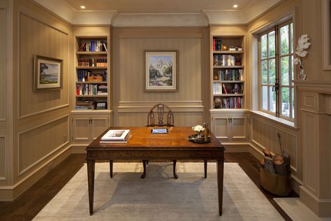 Pebble Beach Paneled Library and Office, Wood Species is Monterey Cypress, Hand Finished Paneled Office, Leaded Glass Cabinets, French Painted Furniture, Office Wood, Monterey Cypress, Paneled Library, Simple Curtains, Custom Fireplace, Oak Panels