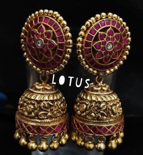 Kundan Tops Earrings, Jumka Design Gold, Nakshi Jhumkas, Lotus Silver Jewellery, Ruby Necklace Designs, Temple Jewellery Earrings, Jhumka Designs, Gold Temple Jewellery, Indian Jewelry Earrings