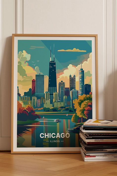 Chicago skyline travel poster showcasing iconic cityscape design Chicago Skyline, Office Decoration, Decor Office, Chicago Illinois, Travel Prints, Travel Poster, Travel Gifts, Travel Posters, Wall Art Home