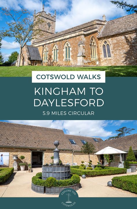 Map and guide for the 5.9-mile/9.4km Kingham to Daylesford walk in the Cotswolds, a circular route via Bledington village and Daylesford Organic | Cotswold walks | Walks from Kingham Cotswolds | Kingham walks | Daylesford walks Kingham Cotswolds, Daylesford Organic, Wooden Bridge, Wooden Gates, New Roads, Over The River, The Cotswolds, West End, Main Street