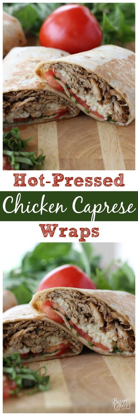 Hot-Pressed Chicken Caprese Wraps – Grilled wraps filled with easy balsamic chicken cooked in the SLOW COOKER, tomatoes, mozzarella, and basil.  These make a perfect lunch or dinner! Caprese Chicken Wrap, Cold Grilled Chicken Wraps, Grilled Caprese Chicken, Grilled Wraps, Grilled Chicken Tortilla Wrap, Grilled Chicken Caprese, Slow Cooker Balsamic Chicken, Chicken Caprese, Tomatoes Mozzarella