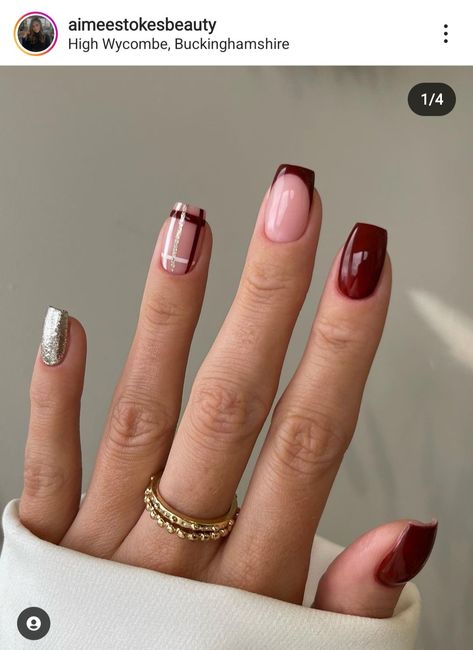 Styl Emo, Burgundy Nail Designs, Wine Nails, Simple Fall Nails, Maroon Nails, Gold Nail Designs, Fall Gel Nails, Plaid Nails, Christmas Gel Nails