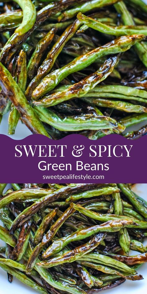 Sweet and Spicy Green Beans are a deliciously easy side dish recipe idea that uses fresh green beans, honey, sriracha, and Bachan's Japanese BBQ sauce you will LOVE! Sweet Spicy Green Beans, Sticky Green Beans, Hot Honey Green Beans, Firecracker Green Beans Recipe, Pf Changs Green Beans Copycat Recipes, Japanese Green Beans, Bush Beans Recipes, Honey Green Beans, Spicy Green Beans Recipe