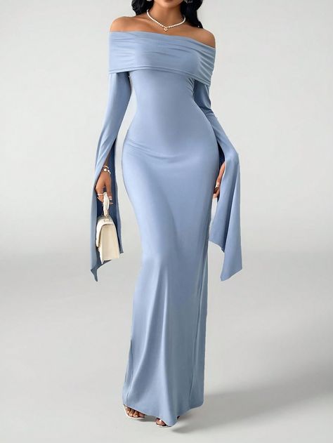 Women's Off-The-Shoulder Pleated Long Sleeve Maxi Dress With Split Hem Blue Party  Extra-Long Sleeve Knitted Fabric Plain Bodycon High Stretch  Women Clothing, size features are:Bust: ,Length: ,Sleeve Length: Winter Formal Long Sleeve Dresses, Fall Bridal Dresses Guest, Asian Inspired Dress, Formal Dresses With Long Sleeves, Long Classy Dresses, Long Maxi Dress Outfits, Formal Silk Dress, Formal Dresses Long Sleeve, Long Dress With Long Sleeves