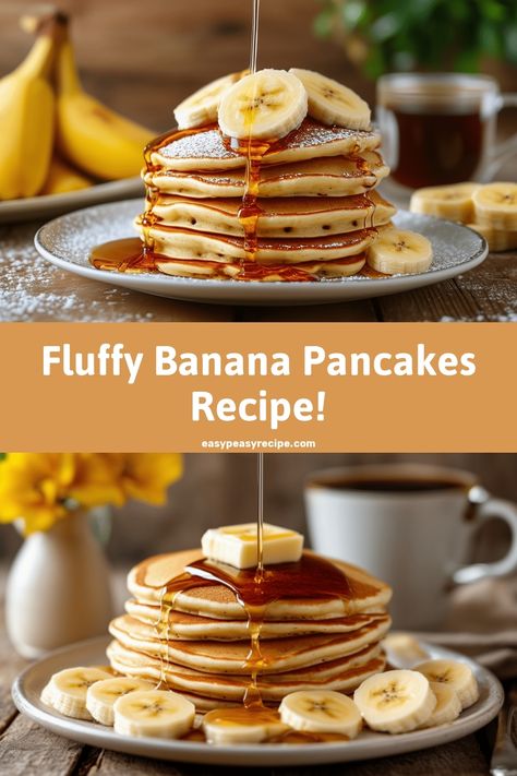 A stack of fluffy banana pancakes topped with banana slices, syrup, and butter on a plate. Quick Banana Pancakes, Banana Pancakes Healthy 2 Ingredients, Two Ingredient Banana Pancakes, Pancakes Recipe Fluffy, Easy Banana Oat Pancakes, Simple Banana Pancakes, Easy Banana Pancake Recipe, Fluffy Banana Pancakes, Easy Banana Pancakes