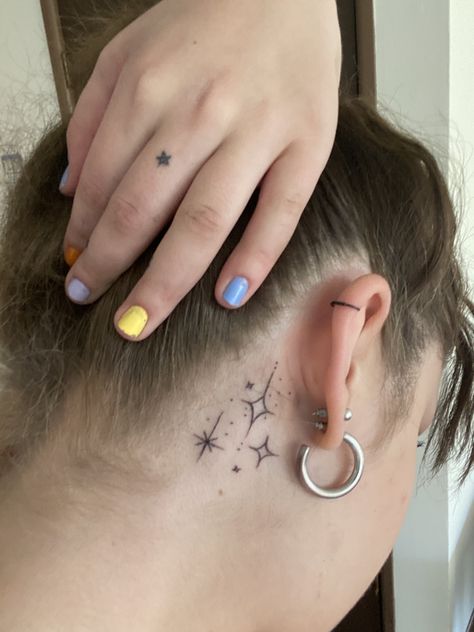 Tattoo Star Behind Ear, Star Tattoo Behind The Ear, Star Behind Ear Tattoo, Star Ear Tattoo, Stars Behind Ear Tattoo, Star Tattoo Behind Ear, Beautiful Disaster Tattoo, 3 Stars Tattoo, Disaster Tattoo