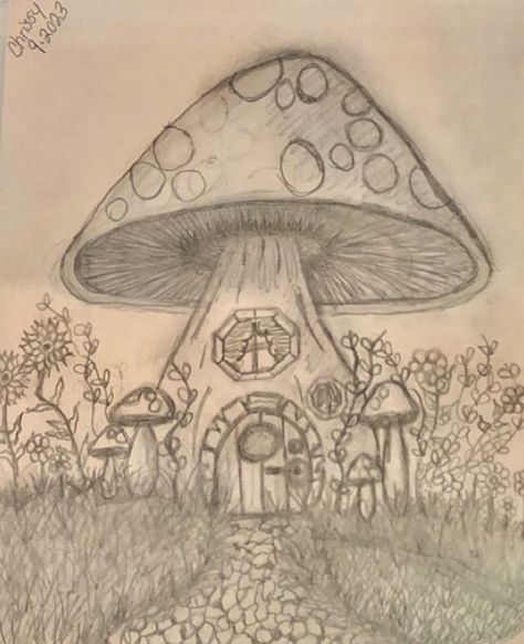 Fairy House Sketch, Shrooms Drawings, Fairy Garden Drawing Simple, Fairy Houses Drawing, Little Fairy Drawing, Surreal Drawing Ideas, Fairy Land Drawing, Shroom Drawings, Fairy House Drawing