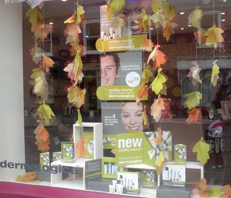 Autumn window - Dermalogica MediBac Window Display Hair Salon, Hairdresser Window Display, Hair Salon Window Display, Autumnal Window Displays, Autumn Florist Window Display, Salon Window Display, Autumn Window Display, Window Display Design, Halloween Window