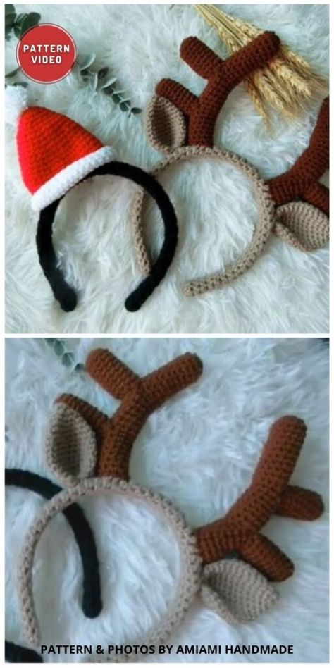 Crochet Christmas Lights, Crochet Patterns Easy, Crochet Reindeer, Crochet Elephant Pattern, Crochet Christmas Hats, Reindeer Hat, Holiday Headbands, Headband Crochet, Crochet Hair Clips