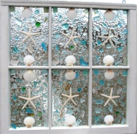 Crafters, I need advice and tips to do this... What kind of glue should I use to place shells and other decorations on window glass??? Help! Sea Glass Window Art, Sea Glass Window, Window Diy, Window Crafts, Window Projects, Glass Window Art, Bathroom Window, Deco Nature, Glass Art Projects