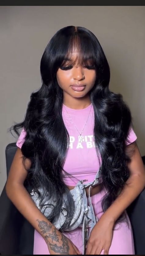 Long Wig Hairstyles, Wig Hairstyles For Black Women, Curled Bangs, Birthday Hair, Hairstyles For Black Women, Long Wigs, Black Women Hairstyles, Cute Hairstyles, Wig Hairstyles