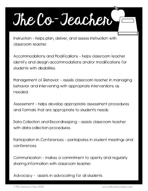 Cheat Sheet:  The Role of the Co-Teacheer in an Inclusive Class Middle School Inclusion Teacher, Special Education Inclusion Teacher, Special Education Inclusion, Inclusion Teacher, Collaborative Teaching, Steam Classroom, Teacher Career, Inclusive Classroom, Team Teaching