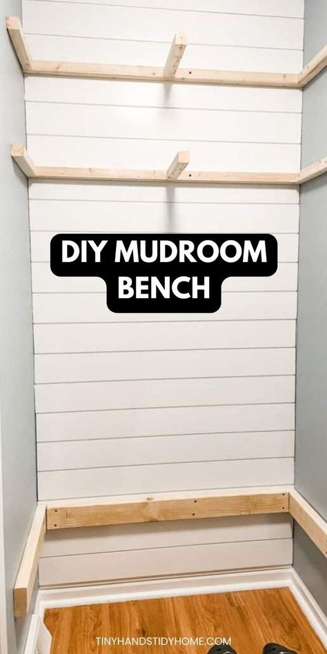 Wood Supports for bench and shelving in front of shiplap mudroom wall. The text over the image reads, "DIY mudroom bench". Tidy Wardrobe, Closet Bench, Small Mudroom, Small Closet Storage, Small Mudroom Ideas, Mudroom Remodel, Diy Entryway Bench, Mudroom Closet, Shoe Bench Entryway