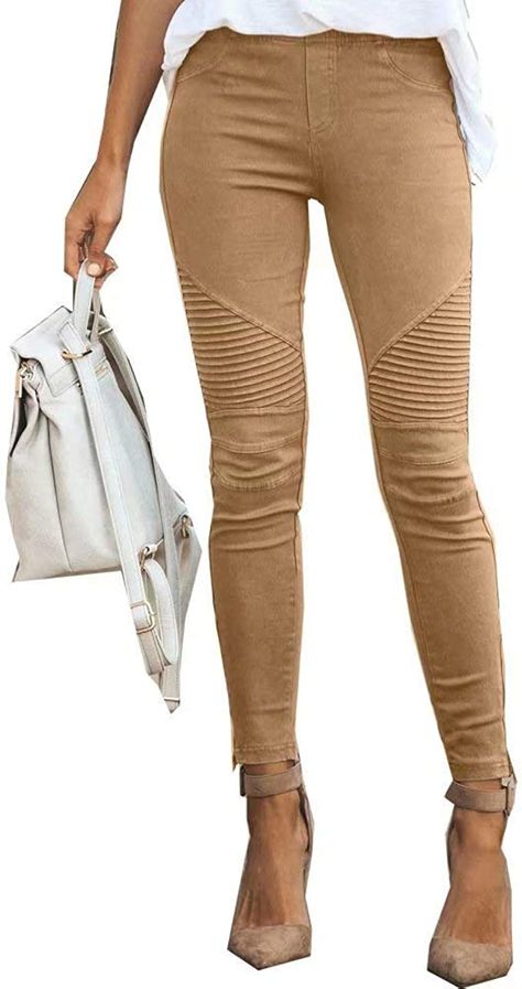 JIURI Women’s High Waisted Moto Jeggings Solid Skinny Trousers Pencil Full Carpi Leggings Stretchy Slim Pants(KH,M) Khaki at Amazon Women’s Clothing store Moto Jeggings, Slim Pants, Amazon Women, Jeggings, Clothing Store, Khaki Pants, Pencil, Trousers, High Waisted