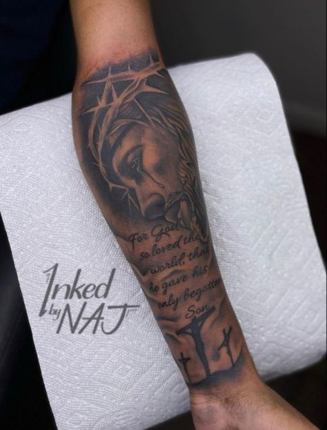 Men’s Forearm Tattoos Sleeve, I’m God We Trust Tattoo, Cool Tattoos For Guys Unique Arm, Forearm Tattoo Quotes Men Half Sleeves, Top Of Forearm Tattoo Men, Fill In Tattoo Ideas Sleeve Men, Bible Verse Tattoos For Men Arm, Inside Forearm Tattoos, Tattoo Ideas For Men God