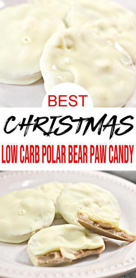 Insanely DELICIOUS polar bear paw candy bites. Check out these low carb polar bear paws candy bites. Homemade keto white chocolate fat bomb candy. Best gluten free & sugar free white chocolate candy bars. Easy low carb polar bear paw candy bites for simple Holiday baking. Make for Christmas desserts or keto Holiday treats. Better than Christmas cookies. Make for 2021 New Years healthy eating. For more keto low carb #candy recipes see KimspiredDIY #chocolate Polar Bear Paws Candy White Chocolate, Lily's White Chocolate Chips Keto Recipes, Keto Christmas Candy Recipes, Keto White Chocolate Recipes, Polar Bear Paws Recipe, Polar Bear Paws Candy, Keto Christmas Candy, Keto Candy Recipes, Keto Christmas Treats