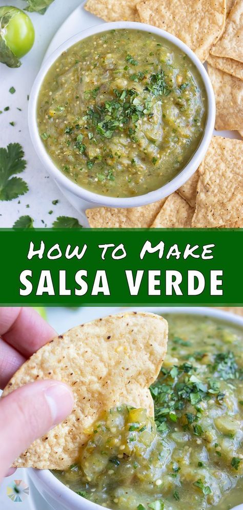 Tomatillo salsa verde is a green salsa that everyone will love. The tomatillos, peppers, onions, and garlic are all roasted in the oven and then blended together. This low-carb, gluten-free, and vegan recipe tastes just as good as your favorite restaurants's. The salsa is a great addition to your Cinco de Mayo celebration or taco night. Try it today! Verde Salsa Recipe, Green Salsa Recipes, Easy Salsa Verde Recipe, Mexican Salsa Recipe, Vegan Salsa, Easy Salsa Verde, Taco Ideas, Recetas Salvadorenas, Homemade Salsa Verde